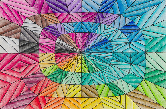 ‘Rainbow of Diamonds with Crystals in Colorful’ is a colored pencil piece on paper, 18 x 24” and created by Marlena Arthur. This image is a colorful and abstract pattern drawing, with colors spanning the entire color wheel. The piece is filled with intricate straight lines and shapes, creating a mesmerizing visual effect. The work is similar to a quilt or stained glass window due to its patchwork-like appearance. The patterns radiate from a central star shape in a circular motion.