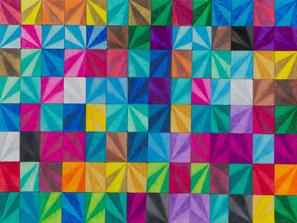 ‘The Crystals of Rainbow Colorful’ by Marlena Arthur is a vibrant and colorful artwork in colored pencil and marker. The piece is a grid of multicolored rectangles that each have diagonal stripes in a light and dark shade of the same color. The pattern in each shape mirrors the shape directly next to it, creating balance and harmony. At first glance blue appears to be the most prevalent color, however, every color of the rainbow is used in this work.