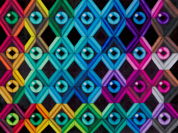 Titled “The Eyes in the Diamonds of Rainbow,” this work by Marlena Arthur is a colorful abstract pattern consisting of black diamonds outlined by rainbow silhouettes with an eye-like shape at their center. The composition has a high level of colorfulness and pattern complexity, with each shape intricately shaded to create depth and volume. Shades of blue dominate the center of the piece as the other eye-like shapes contrast with varying hues ranging from deep blues to bright purples. 