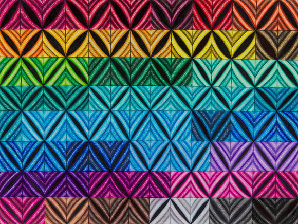 ‘The Symbol of Rainbow with Flowers and Diamonds’ is a geometric and colorful piece on an 18 x 24” piece of paper. Marlena Arthur uses colored pencils to create a vibrant abstract pattern of triangles and squares to form a geometric rainbow grid. The symmetry in this piece creates a sense of balance and harmony, drawing the viewer's eye across the entirety of the piece. 