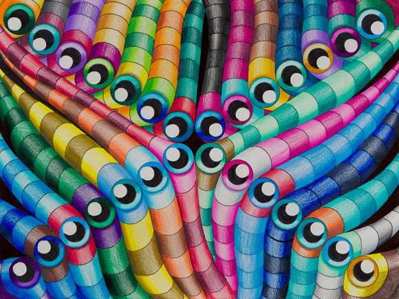 ‘The Wormies of Rainbow with Eyes’ is a vibrant piece by Marlena Arthur that is driven by symmetry. Using colored pencils and markers, Arthur creates a group of colorful cylindrical objects with stripes and topped with eye-like shapes. In this 18 x 24” piece, each tube consists of its own color scheme and contains different hues of the same color. In the center of the image, the eyes meet and form an ‘X’ that extends to each corner of the piece. 