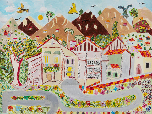This is an 18 by 24-inch painting of a town nestled in the mountains, surrounded by lush trees and vibrant greenery, it is titled “Birds Fly Above the Village.” The artist has used delicate brush strokes with acrylic paint and graphite to create a charming scene that exudes tranquility and warmth. In the foreground, we see a quaint house. The sky above is painted in shades of blue and white, with wispy clouds floating peacefully overhead.