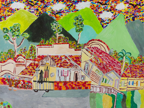Titled “Buildings in the Sun,” this 18 by 24-inch painting depicts a group of houses in the forefront of a mountainous region. Using acrylic, Siso stylized trees and other foliage that can be seen behind the houses. The different shades of green that make up the mountains are met with a contrasting sky composed of dotted rainbow colors and white clouds. 