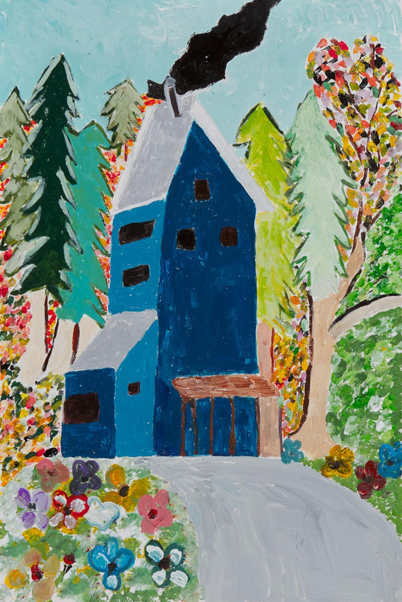 This is an acrylic landscape painting with a blue house at the center of the frame surrounded by foliage. It’s 18 by 12 inches and aptly titled “El Castillo de la Flores.” A gray road starts at the bottom of the composition and leads you to the house, suggesting the viewpoint is from a driveway. The house, a tall royal blue structure, stands out against the lush, green background. It has several black rectangular forms to denote windows and has black smoke blowing from its chimney. 