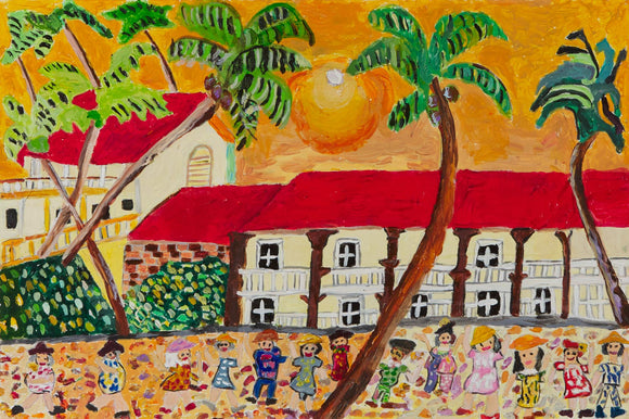 This art piece is a vibrant acrylic and pencil depiction of a beach town brimming with life and color. It’s 12 by 18 inches and titled “Far Nights and Sunny Days.” The foreground is dominated by a colorful cobblestone ground, where a number of people are smiling. The warm orange sun floats above the red roofs and behind palm trees, glimmering in a similarly matching skyline. 