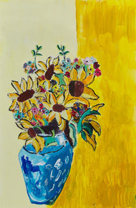 This vibrant acrylic and pencil piece depicts a bouquet of predominantly yellow flowers that are carefully arranged in a blue vase. Measuring 18 by 12 inches, the title of the piece is “Flores." Other small pink and light blue blossoms can be seen interspaced with green leaves throughout the floral arrangement. The background is split down the middle with two shades of yellow.