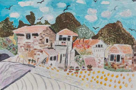 This is a 12 by 18-inch acrylic and colored pencil painting that depicts a beautiful small-town landscape set against a partly cloudy sky. Titled “Houses in a Valley,” the foreground is full of white and neutral colors with hints of terracotta. In the background there are brown trees of various shapes with a number of birds flying high above. 