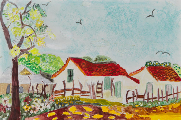 Titled “Houses in the Outskirts,” this 12 by 18-inch acrylic and pencil painting on paper depicts two houses and a lone tree in a beautiful, charming landscape. Up close, we see a yellow dirt path that runs across a tiny garden of wildflowers. In the left third of the piece, we see a tall dark brown tree with nearly bare branches. Simplified forms of birds fly in the light blue sky above. 