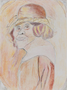 This 12 by 9-inch colored pencil drawing is titled “La Abuela Carlota,” it is a portrait of a woman with short hair wearing a hat. The woman is facing the left but turns to face the viewer. Warm oranges and reds make up the atmospheric background as well as her outfit. 