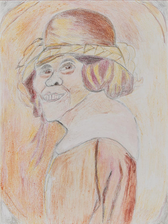 This 12 by 9-inch colored pencil drawing is titled “La Abuela Carlota,” it is a portrait of a woman with short hair wearing a hat. The woman is facing the left but turns to face the viewer. Warm oranges and reds make up the atmospheric background as well as her outfit. 