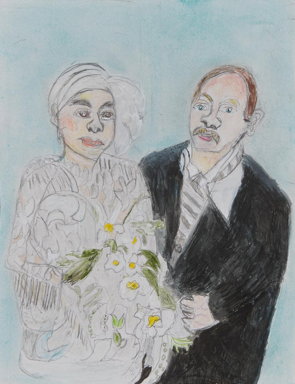 Titled “​​La Boda de mi Hermana,” this 9 by 12-inch acrylic and pencil piece depicts two people who appear to be getting married. The woman on the left is dressed in a gown and holding a bouquet of white flowers. Her opposite is a man with red hair and a black suit. The two maintain a serious facial expression and take up the entirety of the frame over a light blue background. 
