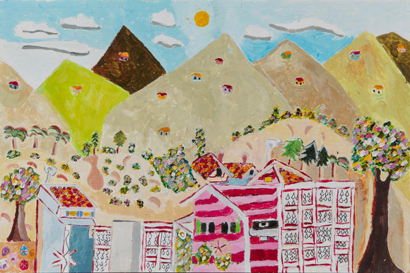 Aptly titled “La Casa de la Montaña number 1,” this 12 by 18-inch landscape painting depicts a small mountain town. Siso uses acrylic paint and pencil to create houses that are bright and vibrant in shades of pastel pink and blue, while the mountains are more neutral-toned with shades of brown and green. In the top third of the composition, we see a partly cloudy blue sky with the sun in the center. 