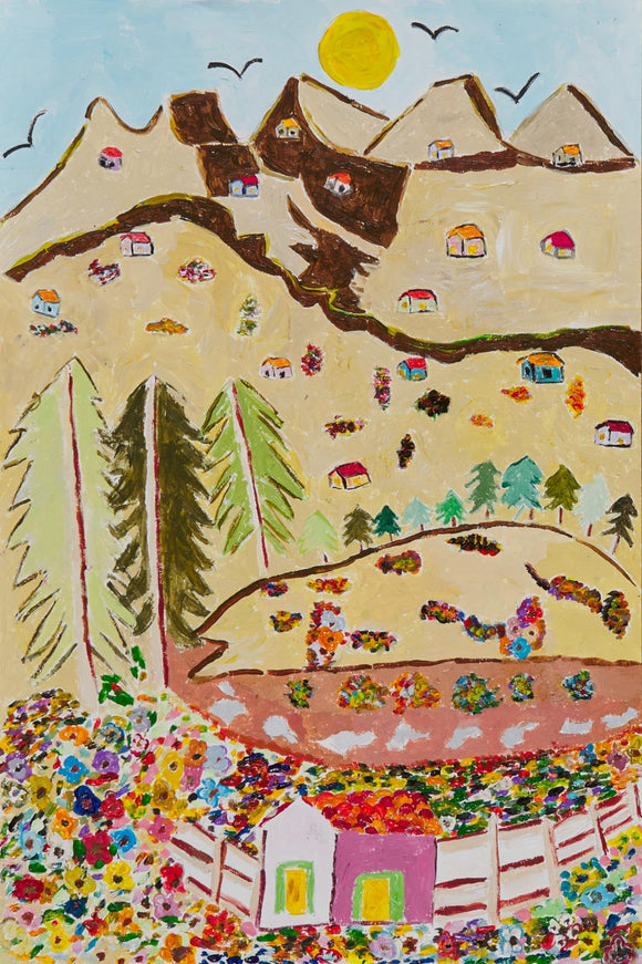In this 18 by 12-inch landscape painting, Siso composes a serene composition of wildflowers in front of a mountain town using acrylic and pencil. Titled “La Casa de la Montaña number 2,” the quaint settlement of houses is scattered from the base of the mountain to the peak, accompanied by a handful of green trees. The wildflowers in the foreground are vibrant in numerous bright colors. 