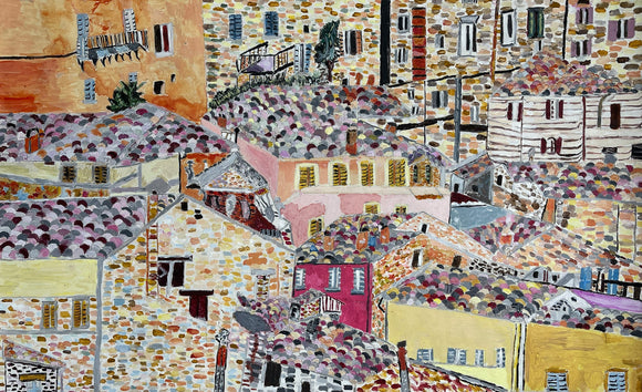 This 18 by 24-inch painting titled “La Ciudad de la Vienna” shows a composition that uses thin lines and strokes of vibrant colors to depict a warm and cozy town with streets, people, and cobblestone houses. The painting blends the foreground and background together, creating a dense combination of acrylic colors. Upon closer inspection, the viewer can notice small figures atop ladders scattered throughout the painting.
