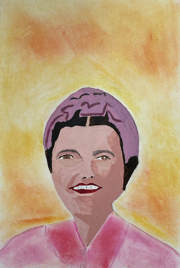 This 18 by 12-inch painting titled “La Flor Siso” features an acrylic portrait of a smiling woman wearing a pink blouse and matching bonnet. The background is a beautiful sunset gradient with warm yellow and orange hues. The woman has light brown eyes and black hair. Closer inspection reveals details of pencil accents. 