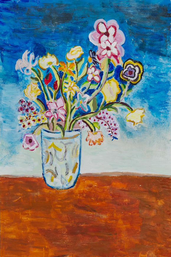 Titled “La Flores,” this 18 by 12-inch acrylic painting depicts a clear vase filled with various flowers of different shapes, sizes, and colors. The vase is the central focal point of the painting and rests on top of a brown surface against a blue background that changes from light to dark the higher it goes. 