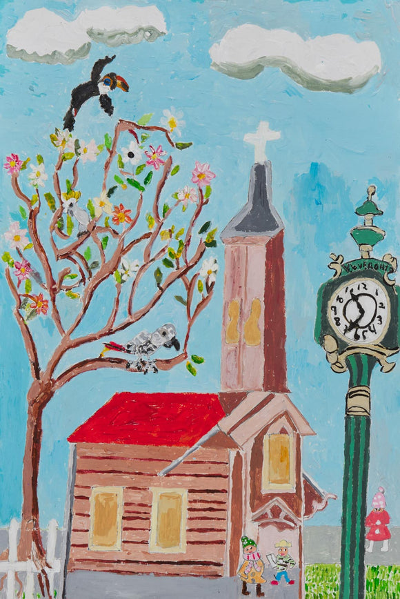 At the center of this 18 by 12-inch acrylic and pencil piece is a church that stands tall against a blue sky. The work is titled “La Iglesia de Paris.” On the right side of the piece is a green clock with a black and white face. On the left, we see a bare tree that houses a few colorful spring flowers. Above the tree is a black bird that appears to be a toucan, flying towards puffy white clouds. 