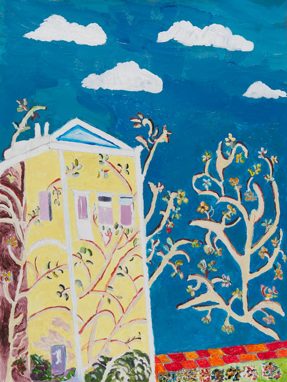 Titled “La Isla en Grecia,” this 24 by 18-inch acrylic landscape painting depicts a tall yellow building behind three bare trees against a dark blue sky full of white clouds. The house, with its simplified geometric form, adds a touch of charm and warmth to the composition, while the trees add depth and color to the foreground. The trees are adorned with multicolored floral shapes that echo the foliage cut off at the bottom edge of the work.
