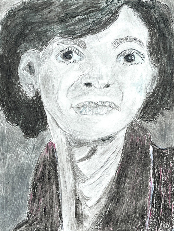 This 12 by 9-inch pencil drawing titled “La Mujer del la Foto” is primarily a black and white close-up composition of a woman with short hair. The artist uses graphite to create intricate lines and shading, resulting in a stunning portrait that captures the subject's features with incredible detail. Looking closer reveals slight accents of deep purple and sky blue around the woman’s collar and eyes. 