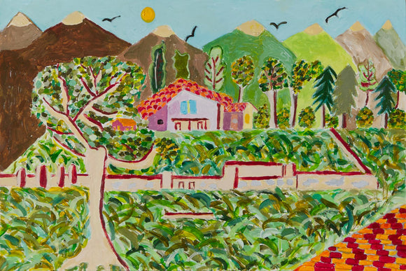 Titled “La Verne,” this 12 by 18-inch acrylic piece shows the lush terrain of a residential property in front of a mountainous background. A lone tree stands on the left, adding depth to the piece, while a house with a terracotta roof recedes into the distance at center frame. The towering mountains in the background are snow-capped, adding consistency to their otherwise diverse color palette of dark brown, beige, forest green, and lime green.
