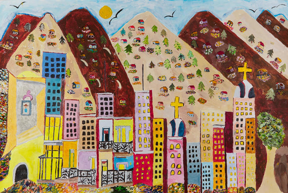 Within this 24 by 36-inch artwork, Siso uses acrylic and ink to create a cityscape cast in front of numerous mountains full of trees and smaller houses. Titled “La Montaña y los Edificios de la Ciudad de Carucan,” the tall buildings are painted in vibrant pinks, yellows, and blues, while the mountains are more neutral in their palette. In the far distance is the skyline, which hosts three birds and a warm yellow sun at the top of the densely populated composition. 