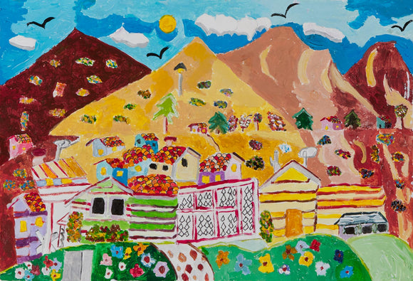 Simply titled “Landscape,” this 12 by 18-inch colorful acrylic painting depicts a towering mountain range against a sky composed of varying blue shades. The mountains make up the background of the otherwise suburban setting, where multiple houses in a variety of vibrant colors are clustered at their base. The dominant hues of the composition are yellow and green, creating an overall warm and earthy color palette.