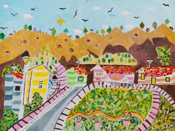 This acrylic and pencil work on paper is 18 by 24 inches and titled “Morning of Beautiful Day,” it depicts a grey road leading to a quaint village in the mountains. The prominent hues of yellow and white evoke a sense of warmth and tranquility. The artwork portrays a landscape teeming with life and multiple buildings with birds flying overhead in a soft blue sky. The village is nestled between a backdrop of mountains with sporadic renderings of trees and a lush field of green foliage.