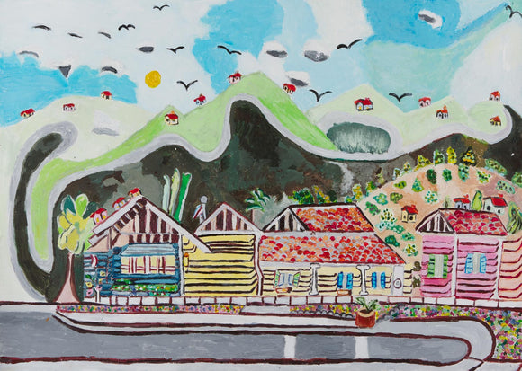 This 18 by 24-inch acrylic painting is titled “Neighborhood in the Village.” It depicts a charming mountainside landscape with numerous birds flying over a cluster of pastel-colored houses. At the bottom of the image is a gray road that runs through the town. The artwork's color palette consists of shades of white and gray but also various pastels which lend a serene and peaceful ambiance to the scene. 