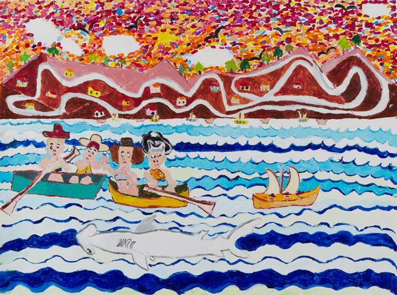“People Seeing a Shark” is an 18 by 24-inch acrylic painting showing four stylized figures in canoes observing a white shark in the ocean. The water they float on is depicted in wavy stripes of various shades of blue. In the background, there is a long and winding road that circles through a mountain region filled with little houses. The sky is filled with a variety of sunset colors, including purple, orange, yellow, pink, and blue. 