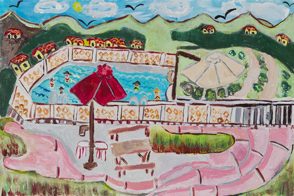 This is a 12 by 18-inch acrylic and pencil landscape painting of a populated swimming pool among rolling green hills titled “People Swimming in the Swimming Pool.” The dominant colors in the foreground are the pink tile floor, the deep red umbrella, and the gray concrete. The background contains small Spanish-style houses with yellow walls and terracotta roofs. 