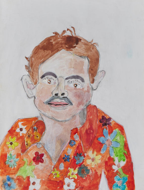 Vicente Siso captures himself in a 12 by 9-inch acrylic piece titled ‘Self-Portrait.’ He is wearing an orange shirt full of colorful flowers. The subject has a distinguishing mustache and his face is the image's primary focus. The subject has black facial hair, but the hair on his head is a deep red.