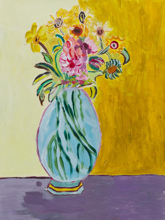 This 24 by 18-inch acrylic painting depicts a bouquet of flowers atop a purple base, it is titled “The Flowers.” The background is split down the center of the frame with the left side a light yellow hue and the right a dark ochre. The blue vase is transparent and holds numerous colorful flowers. The green stems protrude from the vase, twisting and curving inside the blue glass. 