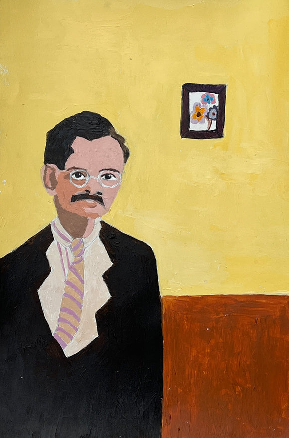 This 18 by 12-inch acrylic painting titled “The Grandfather” portrays a man wearing a suit and tie, standing in front of a yellow wall with a painting of flowers. The man's face is the main focus of the painting, drawn with intricate details that capture his glasses, stern look, and mustache. 