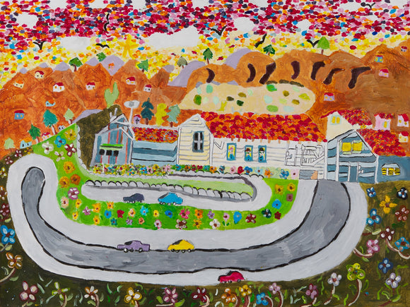 In this 18 by 24-inch acrylic painting titled ‘The Summers in The Park,’ we see a curved gray road that leads to a quaint village in a warm and vibrant setting. While the bottom of the frame consists of muted and dull colors for the road, the upper two thirds are full of life and warmth as the artist depicts a rolling orange mountain range beneath a multicolored sky speckled with clouds. The houses at the center of the image are all unique, exuding a sense of warmth and homeliness.