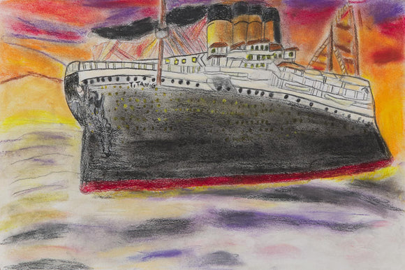 ‘The Titanic’ sails in cold purple waters amidst an orange sunset in this 12 by 18-inch colored pencil piece. The ship is the namesake of and central figure in the artwork, proudly showcasing its structure. The dominant colors in the image are varying muted shades of gray, contrasted by the background that encompasses the ship. The scene inspires thoughts of a quiet, peaceful journey on a serene sea.