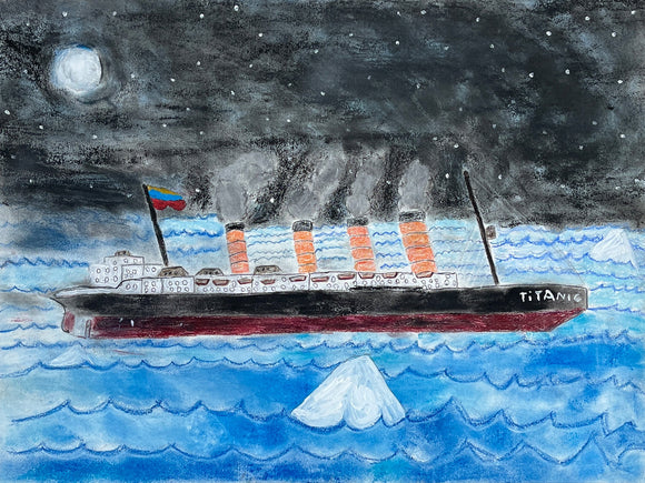 This drawing, made with colored pencil and soft pastel, is 18 by 24 inches and titled “The Titanic in the North Atlantic.” The ship is shown sailing on rough, ice-blue waters, with waves crashing against its hull in an otherwise somber and gentle night. In the background, we see a full moon among scattered stars in a textured black sky. The infamous iceberg can be seen jutting out of the waves in the foreground. 