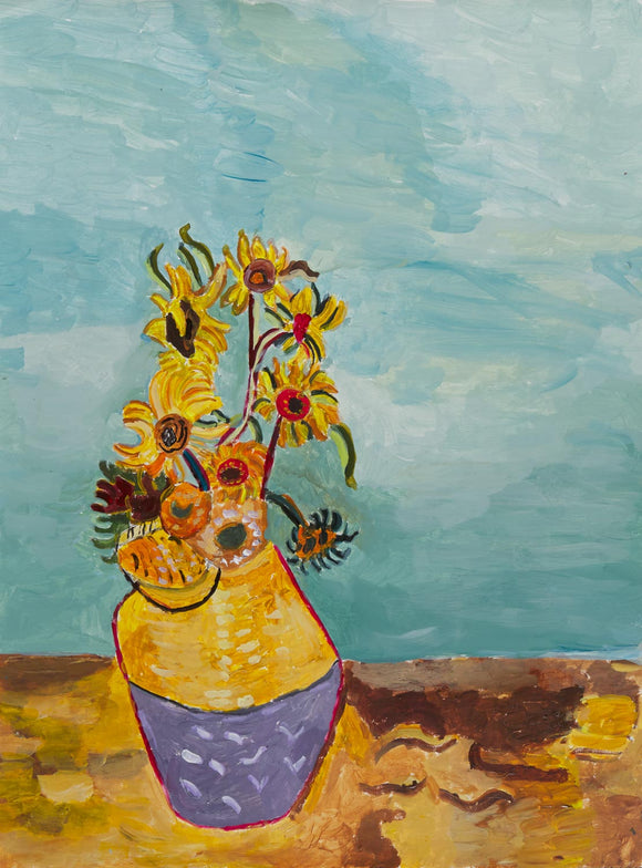 This 24 by 18-inch acrylic painting is titled “The Vicente Pot.” It depicts a colorful vase with yellow and orange flowers sitting atop an ochre table in front of a sky-blue background. The bottom half of the vase is lilac color and the top is golden yellow. The brushstrokes are visible throughout the painting, giving it a textured and playful feel.