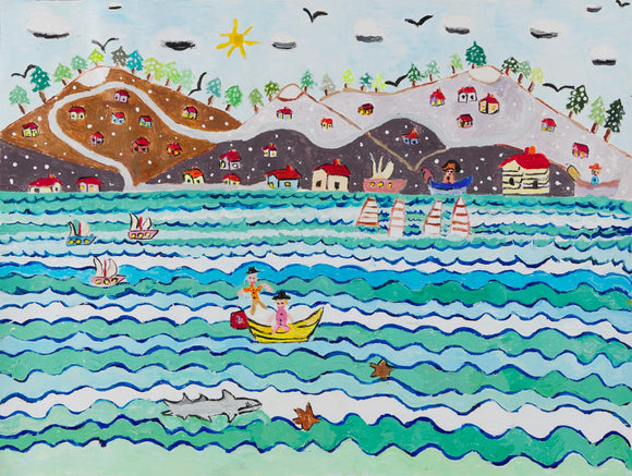 This 18 by 24-inch painting titled ‘The Village by the River’ portrays a vivid and lively scene by the sea with vibrant acrylic colors. In the background we see a mountain town and a long windy road lined with green trees and black birds flying overhead. The ocean makes up the majority of the composition with its layered shades of blues and whites making some frothy waves as several people sail in small ships across its surface. There is a grey shark in the lower right corner alongside some red starfish.