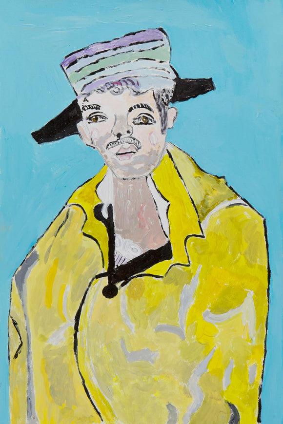 This is an 18 by 12-inch acrylic portrait of Vincent Van Gogh. It’s titled simply ‘Van Gogh’ and depicts the artist as the centerpiece, drawing the viewer's attention with his distinct yellow coat. This bright yellow tone, which dominates the foreground of the artwork, sets a cheerful mood and adds a sense of energy to the composition.