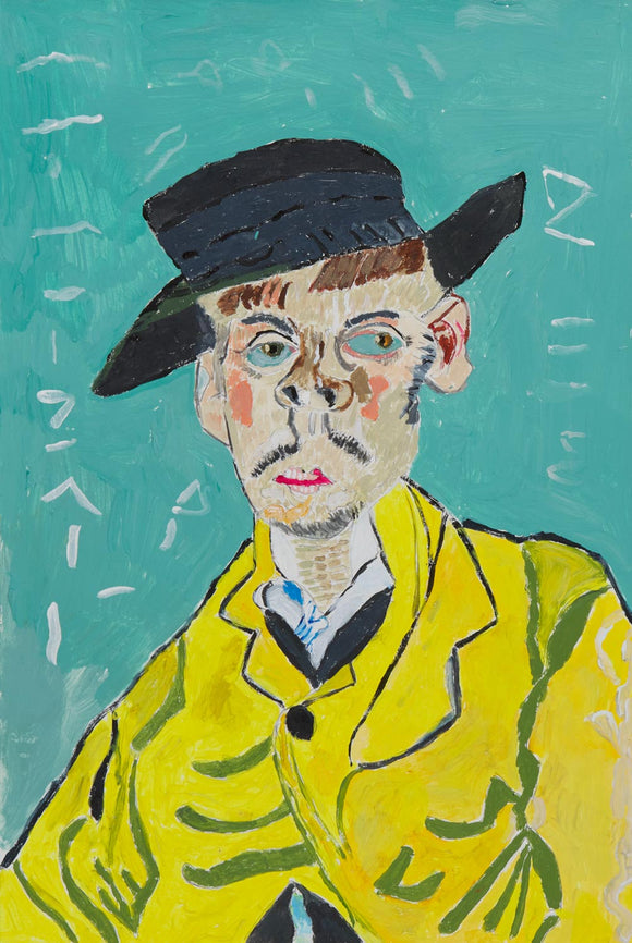 This is an 18 by 12-inch acrylic self-portrait painting titled “Vicente.” He is wearing a yellow overcoat and a black hat. The subject’s face is the focal point of the piece, highlighting a serious yet contemplative expression. He is portrayed in front of a teal background with white abstract shapes and lines.
