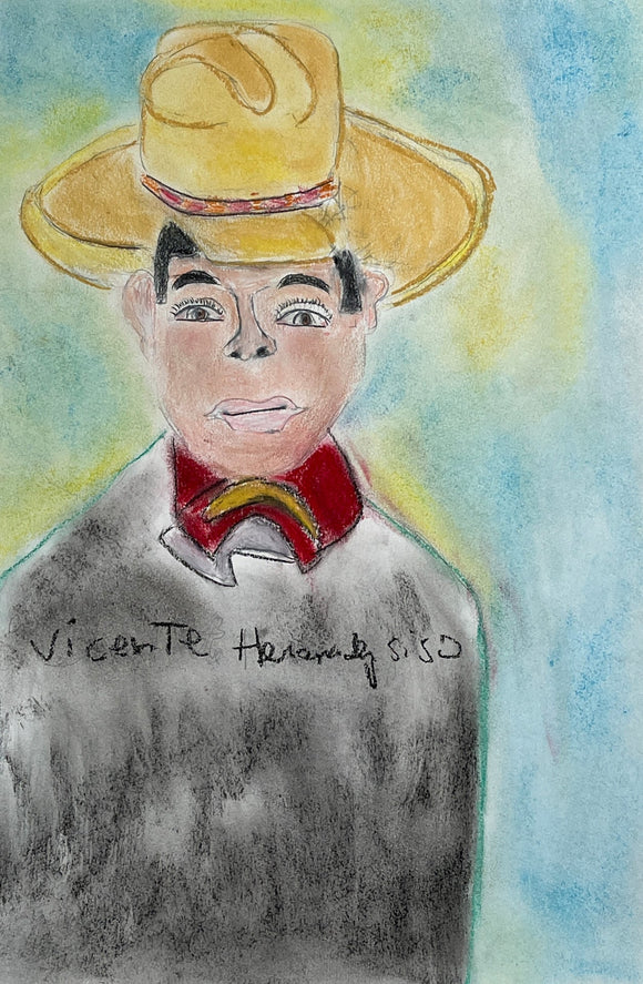 This is an 18 by 12-inch colored pencil and soft pastel portrait of a man wearing a wide-brimmed cowboy hat. The work is titled with the artist’s name, “Vicente H. Siso.” The dominant colors in the image are soft shades of black, yellow, and blue, with accents of red and yellow. There is a subtle glow of yellow that surrounds the man’s shoulders and head in an otherwise blue background.