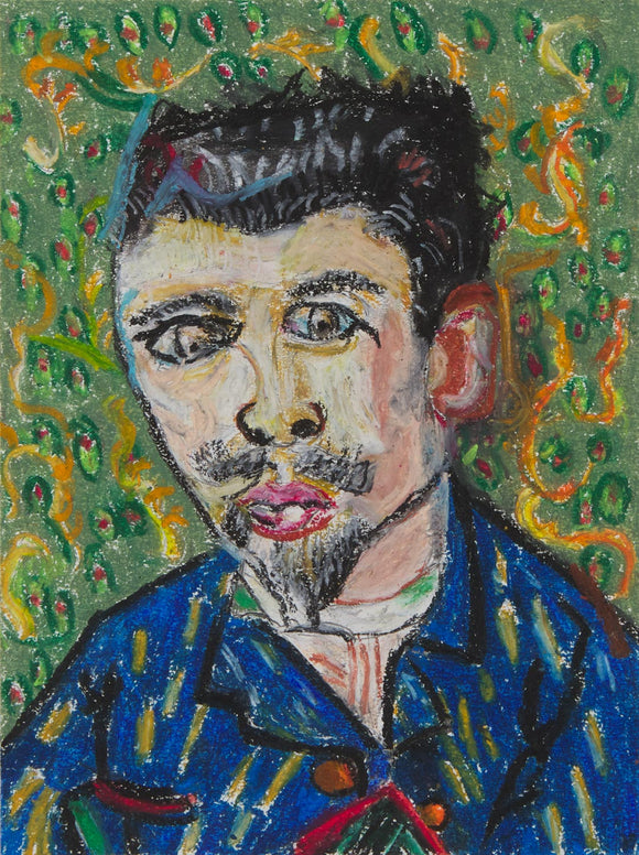 This is a 12 by 9-inch pastel and acrylic portrait painting titled “Vincent Van Gogh Number 1.” Van Gogh is wearing a blue shirt with yellow and green stripes and dark orange buttons. He is portrayed in front of a green background filled with squiggles of different shades of greens and yellows. His facial features are prominent, especially his beard and mustache, which have been painted with precision. 