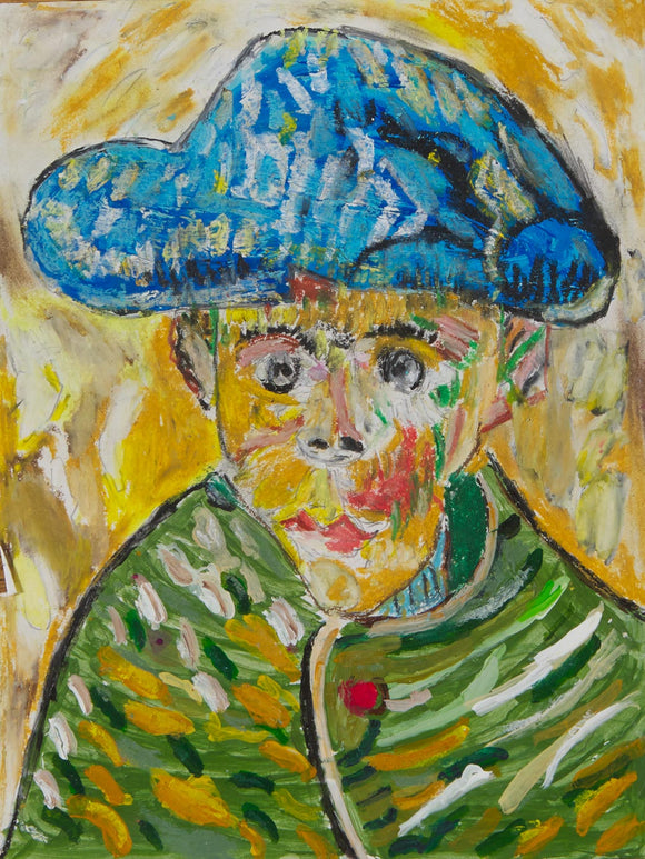This mixed media work combines acrylic, pencil, and pastels to create a portrait of Vincent Van Gogh wearing a green coat and a blue cap. The work on paper is an intimate 12 by 9-inches and aptly titled “Vincent Van Gogh Number 2.” The careful detail incorporates abstract elements, blurring reality. The primary colors are blue, yellow, and green, with accents of white and red. 